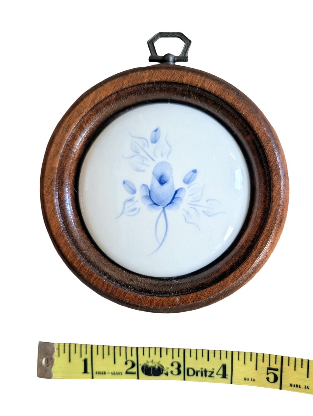 Vintage Round Hand-Painted Blue Rose Ceramic Wood Wall Plaque Cottage Grandma